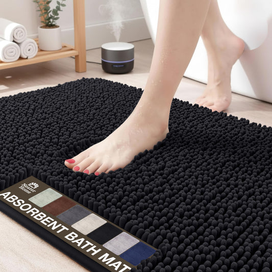 Neater Home Plush Bathroom Rugs 36x24 Thick Chenille Quick Dry Microfiber Absorbent Bath Mat, Soft Bath Rugs, Machine Washable Bathroom Floor Mat for Tub Shower Sink, Home Decor Accessories, Black