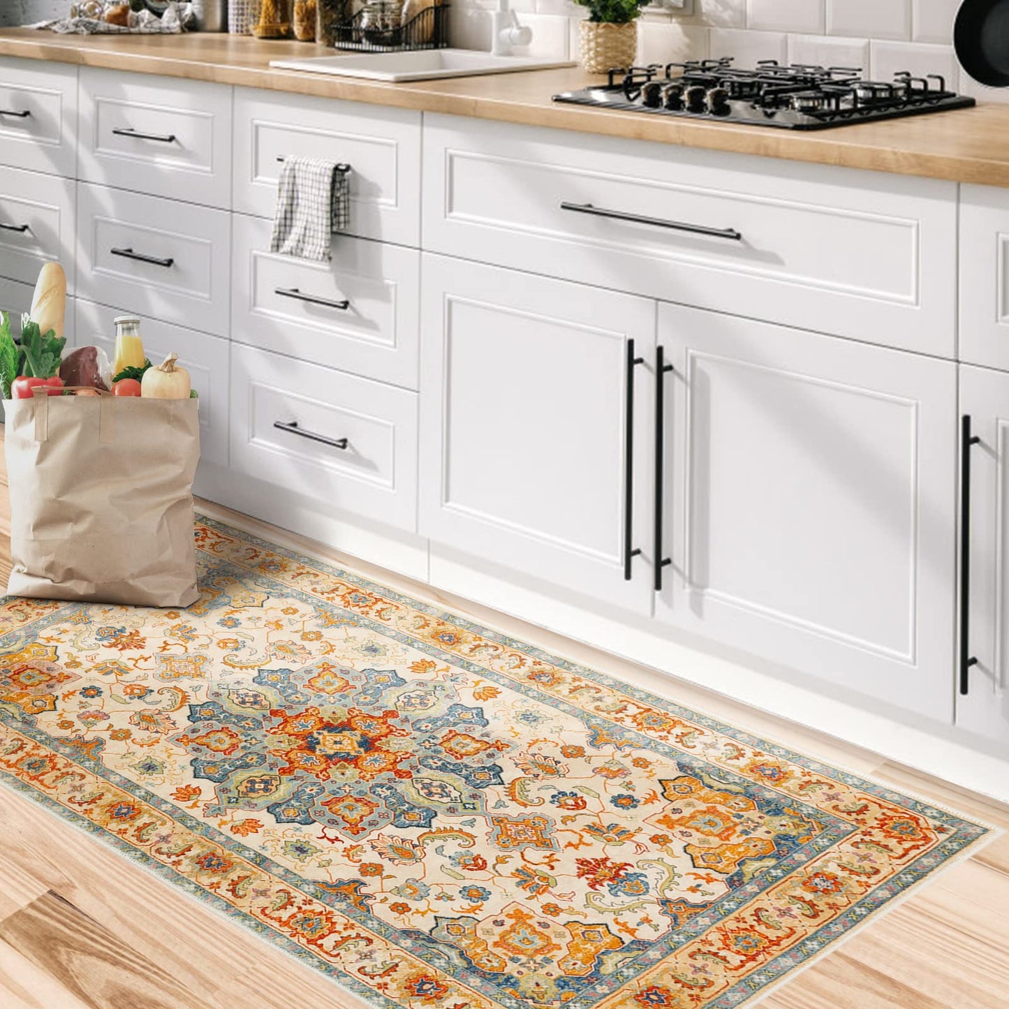 COMSLE Boho Distressed Area Rug 2' x 4', Machine Washable Faux Wool Non-Slip Small Rug for Entryway, Bedroom, Kitchen - Indoor Floor Carpet