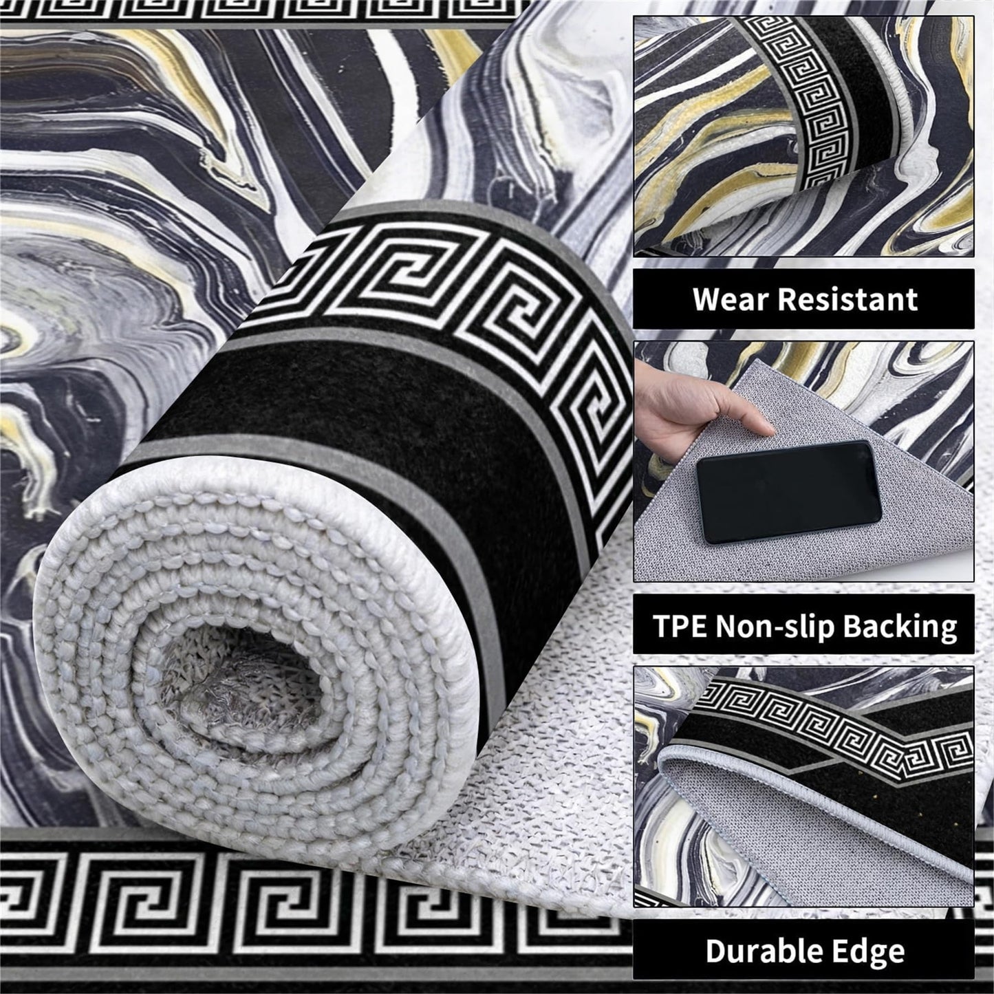 Black Gold Marble Abstract Area Rug 7x10ft, Modern Swirl Fluid Art Carpet with Greek Key Border, Luxury Non Slip Large Floor Rug for Living Room Bedroom Office Home Decor