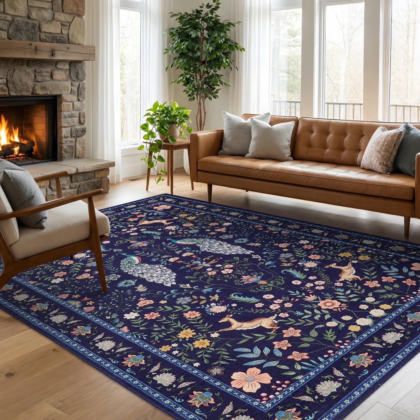 Garvee Living Room Rug 8x10 Washable Rug Floral Rugs for Bedroom Non Slip Low Pile Indoor Carpet Soft Non-Shedding Foldable Thin Mat for Bedroom Dining Room Farmhouse Kids Playroom Office Dorm Blue