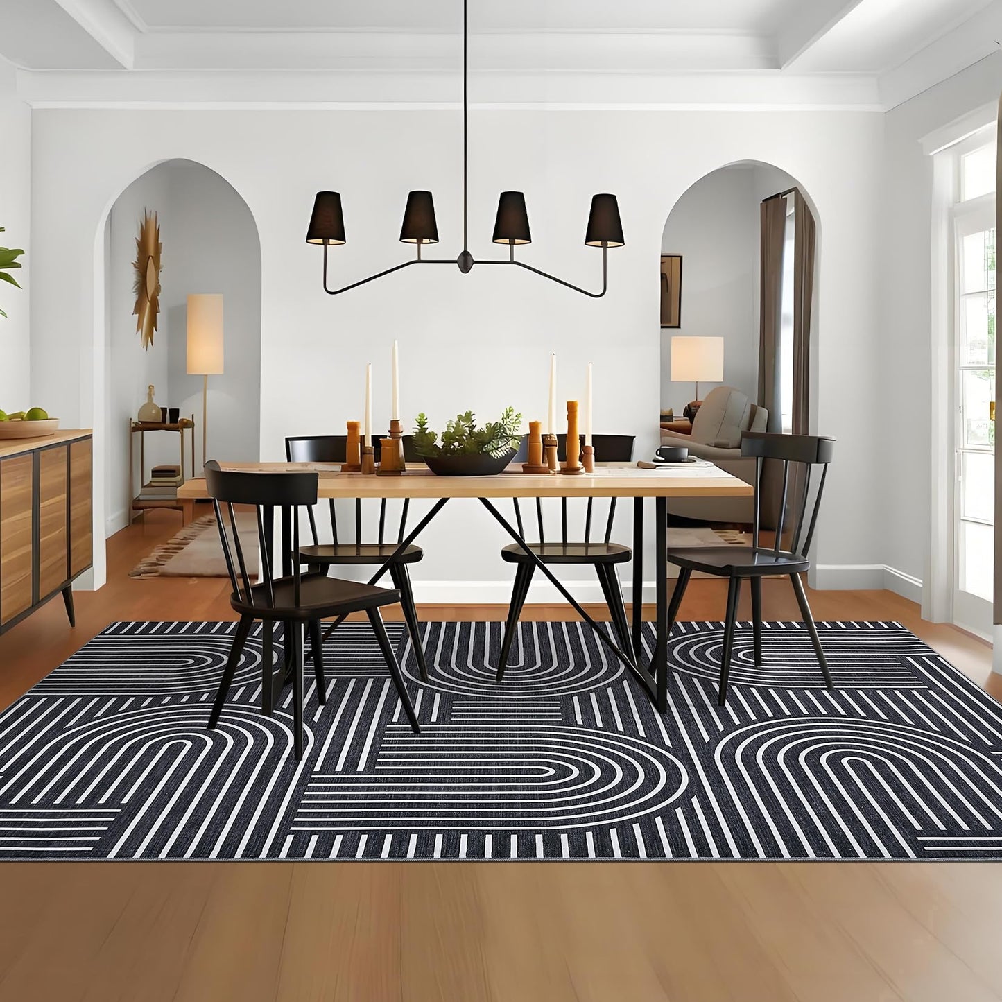 ROYHOME Washable Rug 8x10 Area Rugs for Living Room, Abstract Rug for Bedroom, Soft Rainbow Non Slip Throw Rugs with Rubber Back, Low Pile Stain Resistant Boho Geometric Carpet for Dining Room, Black