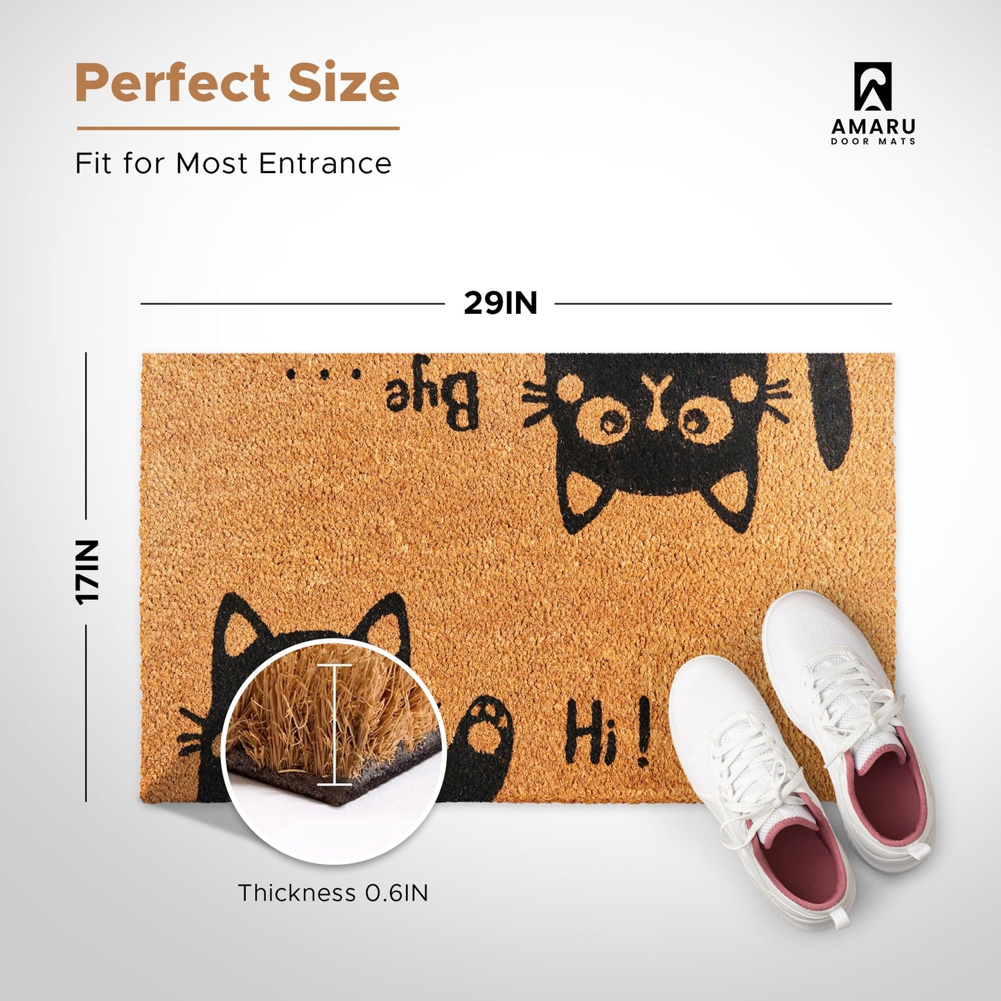 AMARU DOOR MATS - Coir Welcome Mat, Non-Slip, Hi-Bye Cat, 17 x 29 in