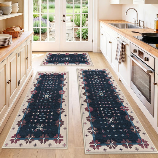 HEBE Kitchen Rugs Sets of 3, Non Slip Washable Kitchen Mats for Floor, Vintage Boho Kitchen Carpet Runner Rug Set for Sink,Hallways,Entryway, Laundry Room
