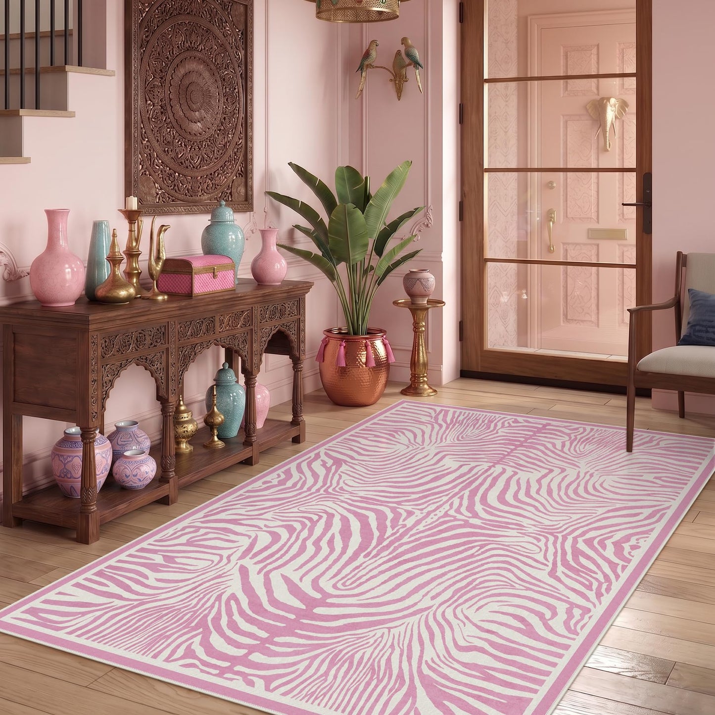 Tribesigns Pink Zebra Print 5x7 Area Rugs, Abstract Washable Rug, Modern Soft Non-Slip Rug for Girls Bedroom, Nursery, Living Room, Dorm and Kids Playroom, Boho Animal Striped Non-Shedding Carpet