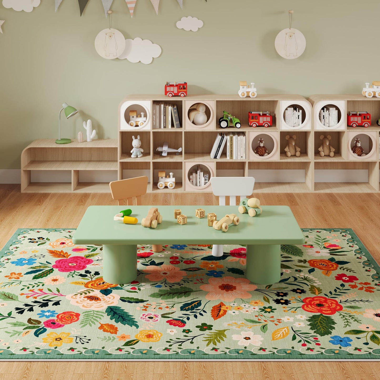 Rugcomf Living Room Rug 5x7 Rug Machine Washable Boho Area Rug Non Slip Floral Vintage Low Pile Large Rugs for Living Room, Bedroom, Farmhouse, Dining Room, Kids Playroom(Green)
