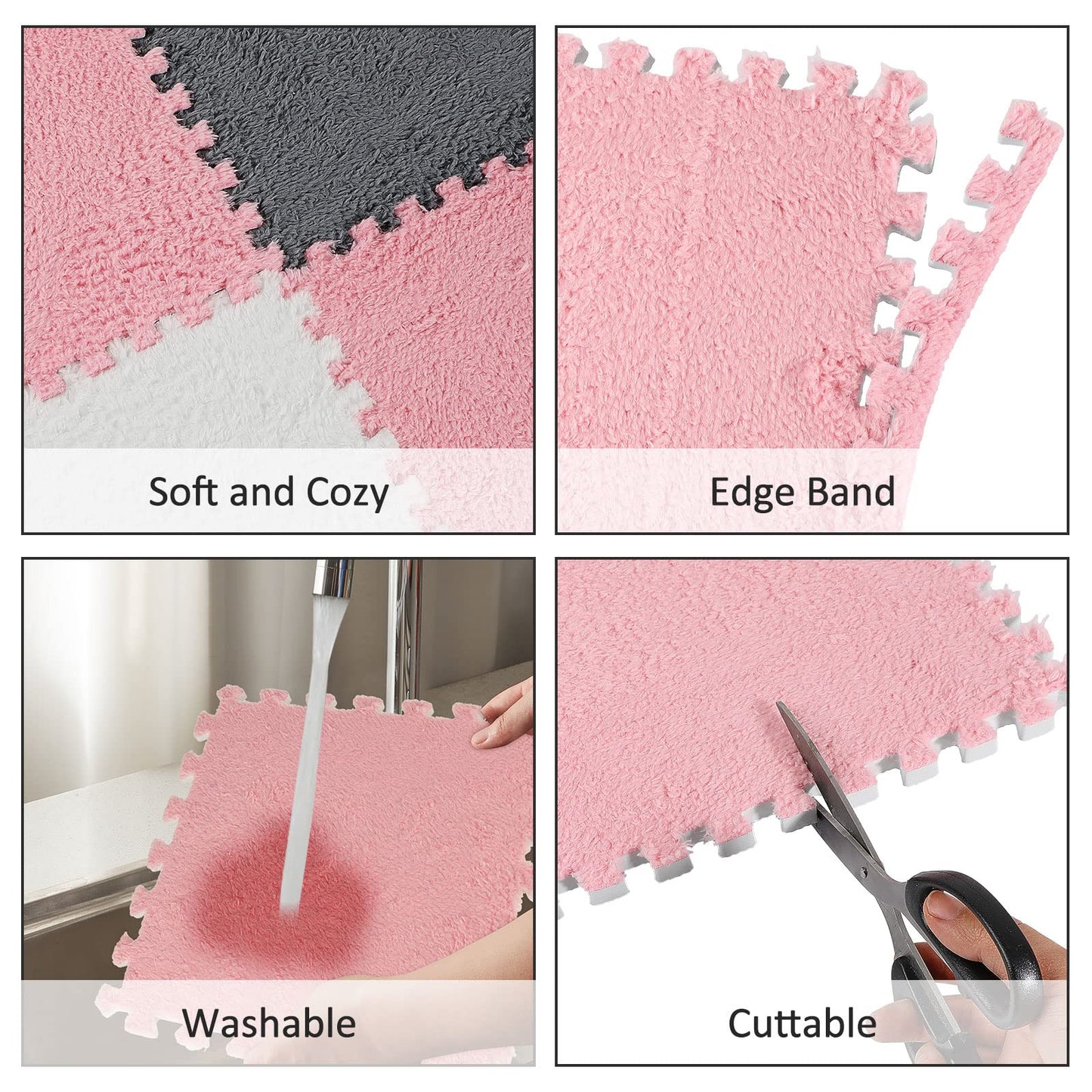 Amylove 72 Pieces Plush Foam Floor Mat Square Interlocking Carpet Tiles with Border 12 x 12 x 0.4 in Fluffy Play Mat Floor Tiles Soft Climbing Area Rugs for Home Playroom(White, Gray, Pink)