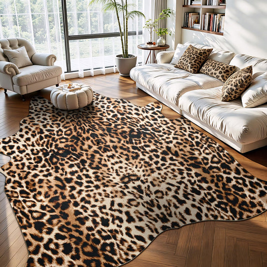Pettop Luxury Faux Leopard Print Rug 4.6x5.2 Ft - Western Cheetah Area Rugs for Living Room, Bedroom, Farmhouse - Premium Western Faux Fur Carpet, Non-Slip Animal Hide Throw Rugs, Dark Brown