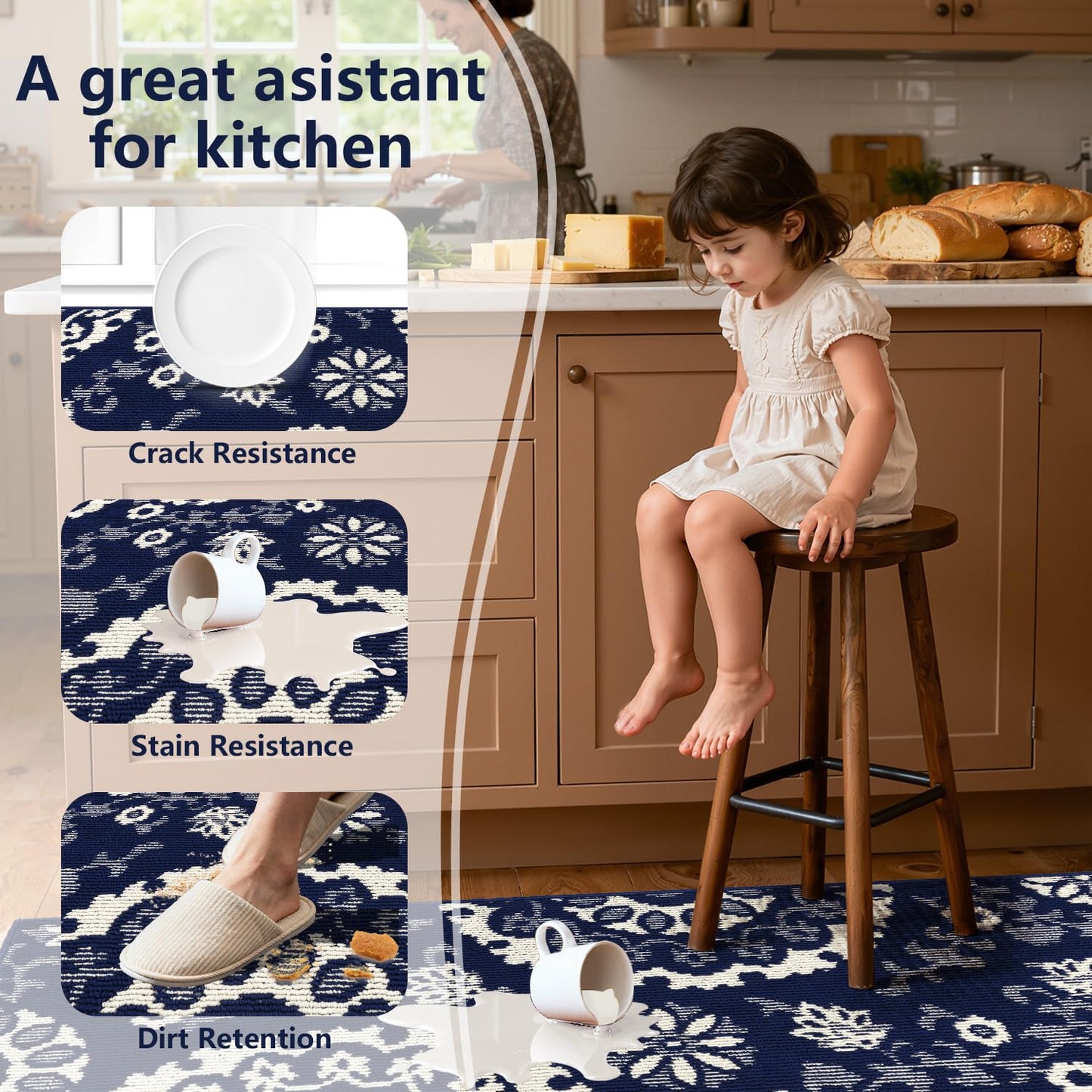Yamaziot Washable Kitchen Rug Sets of 3, Non Slip Kitchen Mats High-Low Textured Kitchen Runner Rugs Stain Resistant Absorbent Floor Carpet for Hallway, Laundry, Sink (Navy Blue, 2x3+2x4+2x5ft)