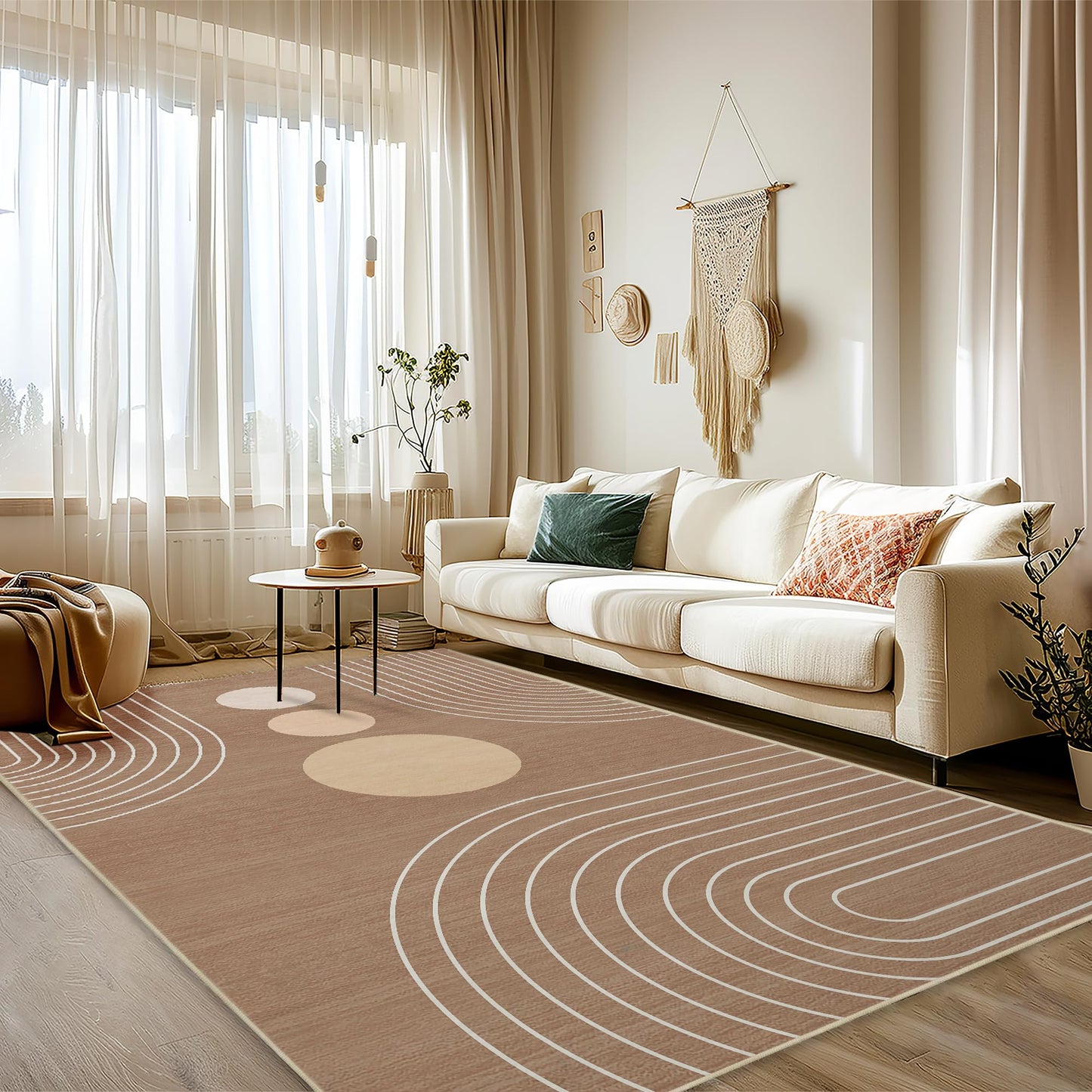 Area Rug 5x7 Boho Modern Minimalist Geometric Abstract Rug Brown Mid Century Modern Rug for Living Room Machine Washable Non-Slip Printed Low Pile Indoor Carpet for Bedroom Dining Room Office Brown