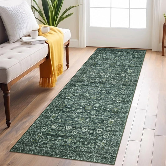 Lansny Vintage Floral 2x6 Runner Rug, Dark Green Washable Kitchen Runner Rug Non-Slip Hallway Rug Runner Boho Thin Printed Faux Wool Super Soft Carpet for Entryway Bedroom Laundry Room Indoor