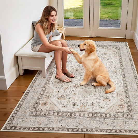 4x6 Rug Washable for Entryway: Oriental Runner for Bedroom - Ultra Thin Low Pile Stain Resistant Carpet - Home Decor for Vintage Style Lover - 4x6 Ivory