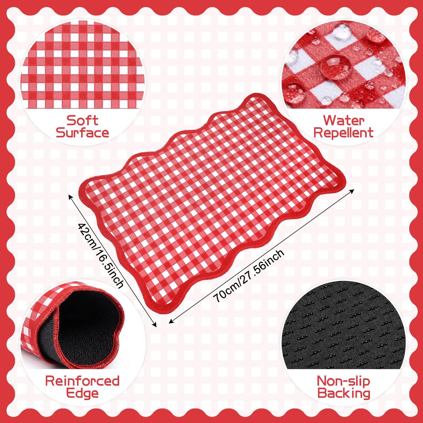 Breling Red and White Scalloped Plaid Entryway Rug 16.5 x 27.5 Buffalo Checkered Indoor Mat Washable Non-Slip Gingham Door Rug for Entryway Entrance Bedroom Kitchen Living Room Decor