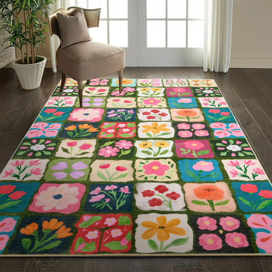 Aldopein Vintage Floral Rug 4x6 Washable, Thin Cute Aesthetic Retro Multicolored Flowers Patchwork Bedroom Dorm Carpet, Boho Country Botanical Area Rugs for Dining Living Room Kitchen Entryway Nursery