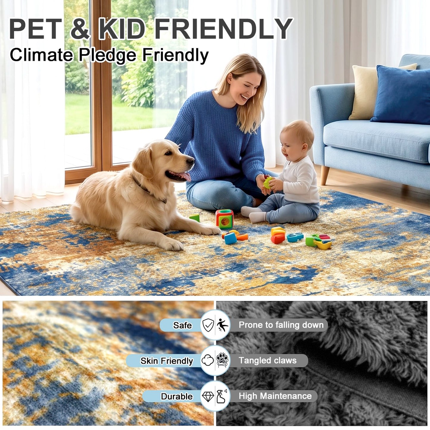 Cnythlis Washable Area Rug for Home Office Under Desk, 5'x7', Navy & Gold