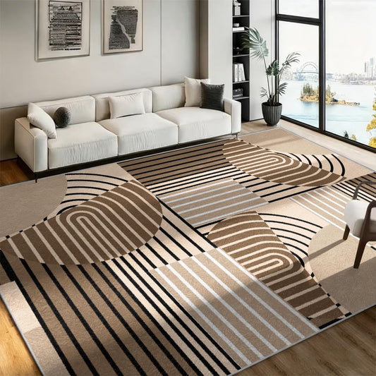 5x7 ft Mid Century Modern Geometric Area Rug, Boho Brown Beige Abstract Carpet, Soft Non-Slip Living Room Rug for Bedroom & Office, Washable Low Pile Floor Mat, Easy to Clean