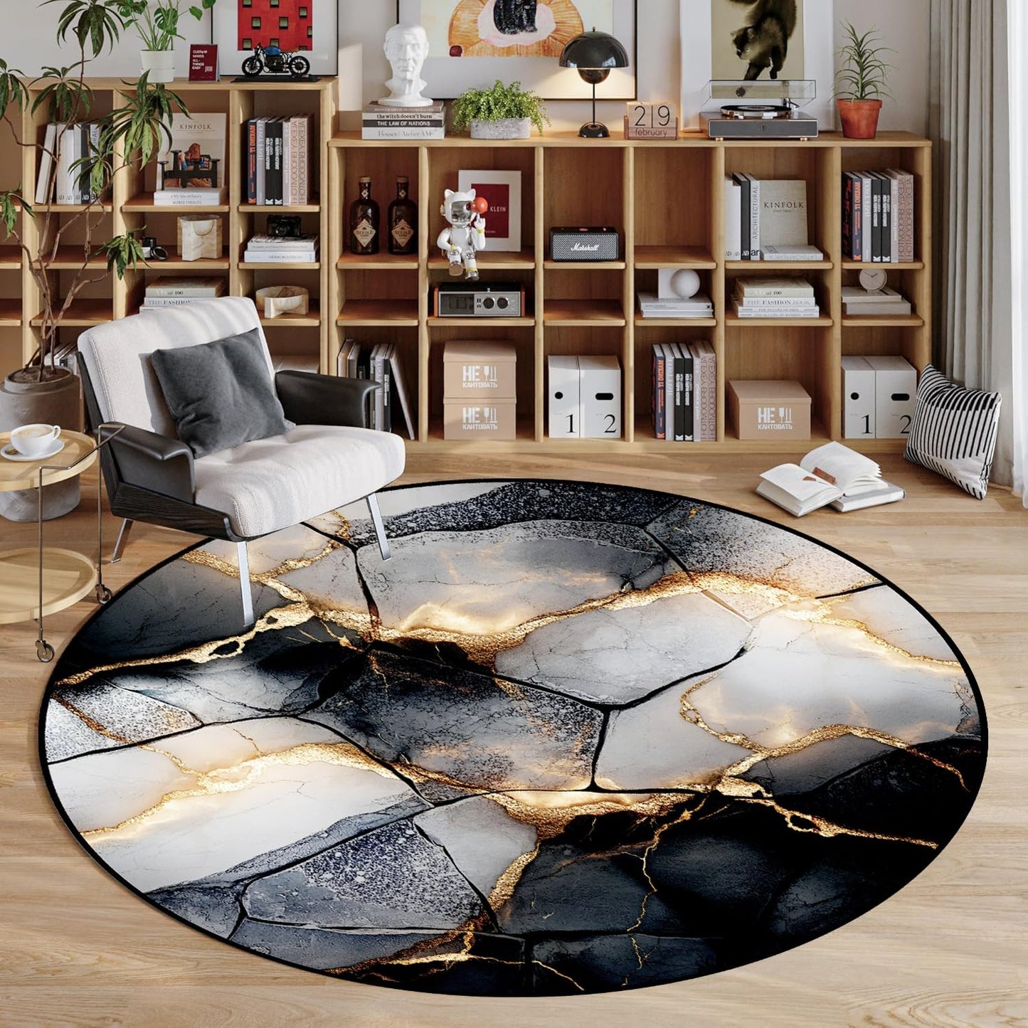 Modern Abstract Round Area Rug, 4ft Stylish Artistic Beautiful Gray Marble Design Indoor Floor Mat. Machine Washable, Non-Slip, and Shed-Resistant Low-Pile Circular Carpet for the Living Room
