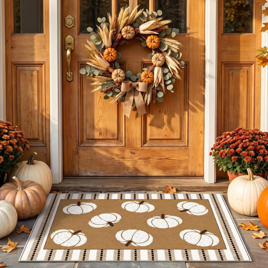 Drydiet 2 Pcs Fall Layered Doormat Set Neutral Pumpkin Doormat with Stripe Layering Rug for Autumn Thanksgiving Front Door Porch Entryway Indoor Outdoor Decor
