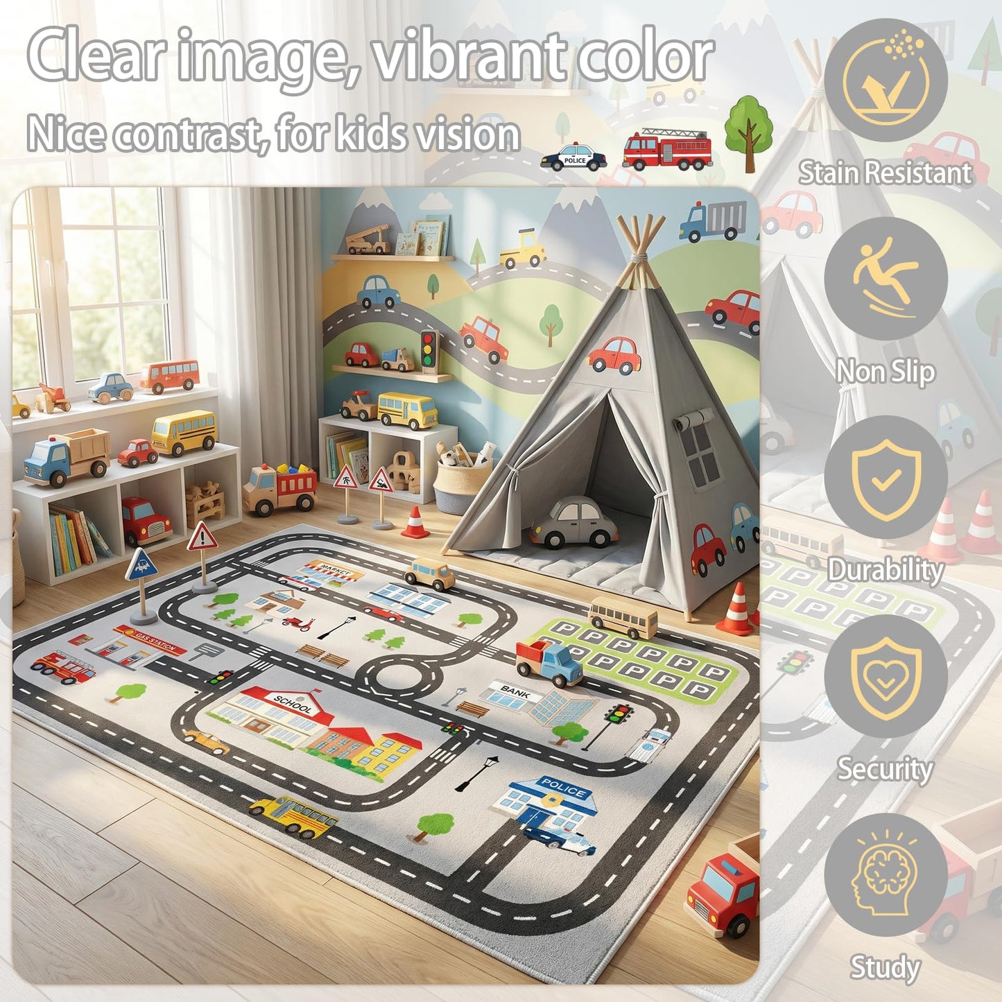 5'x7' Car Rug Play Mat for Kids Toy Cars, Faux Wool Road Rug Car Track Playmat Educational City Map Washable Carpet for Boy Playroom Bedroom Nursery, Non Slip Kids Area Rug for Children Toddler