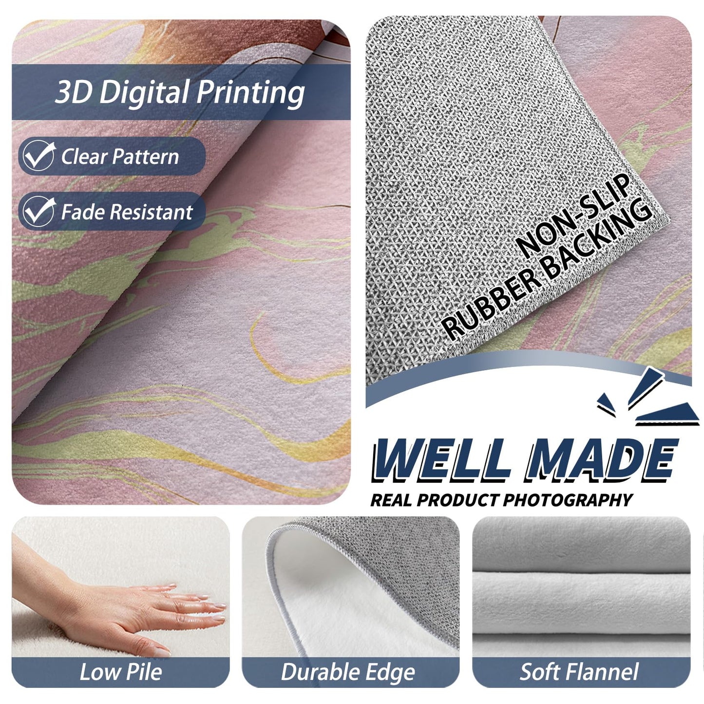 Marble Rugs for Living Room - Marble Rug, 4x5 Rug, Modern Abstract Art Area Rug, Girls Pink and Gold Washable Rugs for Living Room Bedroom, Pastel Luxury Carpet - Home Decor, Marble Gifts for Women