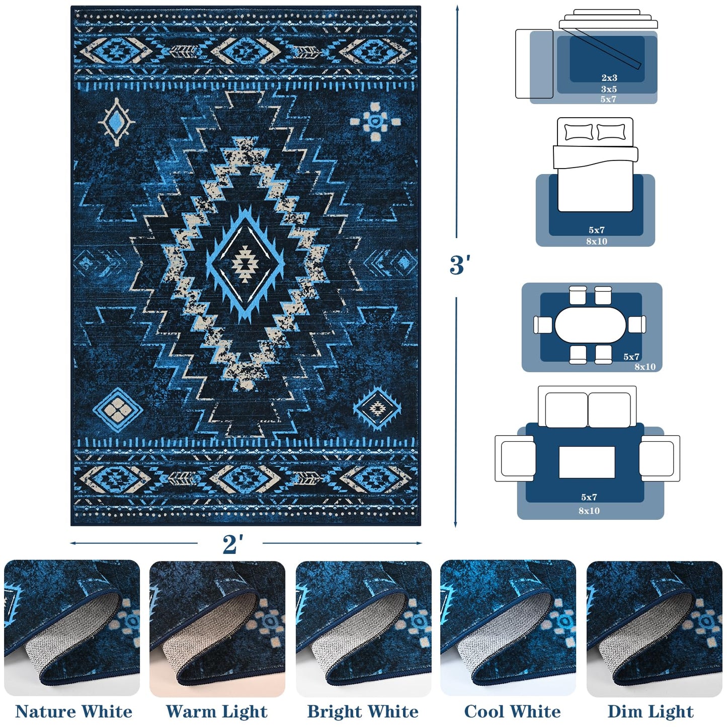 Yinhua Western 2x3 Rug Non-Slip, Aztec Entryway Rugs Low-Pile, Navy Blue Moroccan Washable Rug Stain Resistant, Front Door Rugs with Rubber Backing for Bathroom Kitchen Hallway