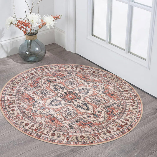 KOZYFLY Boho Round Rug 3 Ft Rugs for Entryway Washable Circle Rug Non Slip Doormat Printed Faux Wool Vintage Round Entryway Rug Floor Carpet Round for Entrance, Bedroom, Red Salmon/Pink/Navy