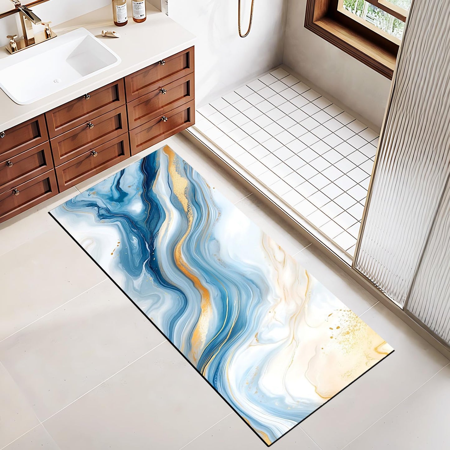 Needa One Kitchen Mat 19.7 x 47.2 Inch Non Slip Kitchen Runner Rug Blue Gold Marble Long Floor Mat for Sink Laundry Hallway Decor