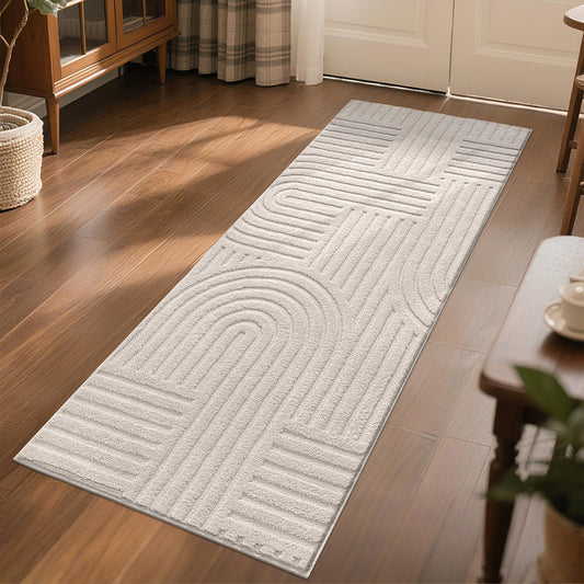 SHACOS Soft Cozy Fluffy Arch Pattern High Low Pile Runner Rugs 2'x6' Non Slip Washable Scandinavian Minimalist Rug Modern Geometric Arc Carpet for Living Room Bedroom Bathroom, Beige