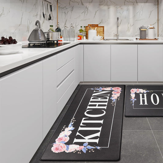 Floral Kitchen Mat Sets 2PCS Non Skid Waterproof Kitchen Rugs and Runner Sets Cushioned Anti-Fatigue Comfort Mat for Home,Office Memory Foam Kitchen Rug, 17.3"x30"+17.3"x47", Black/Pink