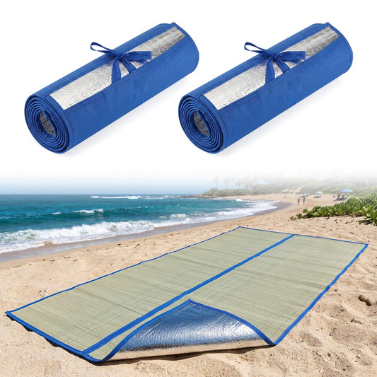 U0U 70x31.5inch Straw Beach Mat with Heat Insulation Aluminum Film,Foldable Breathable Natural Straw Mat for Insulate Beach Heat and Beach Picnic Camping Tent Crawling Yoga (Blue, 70x31.5inch/2pcs)