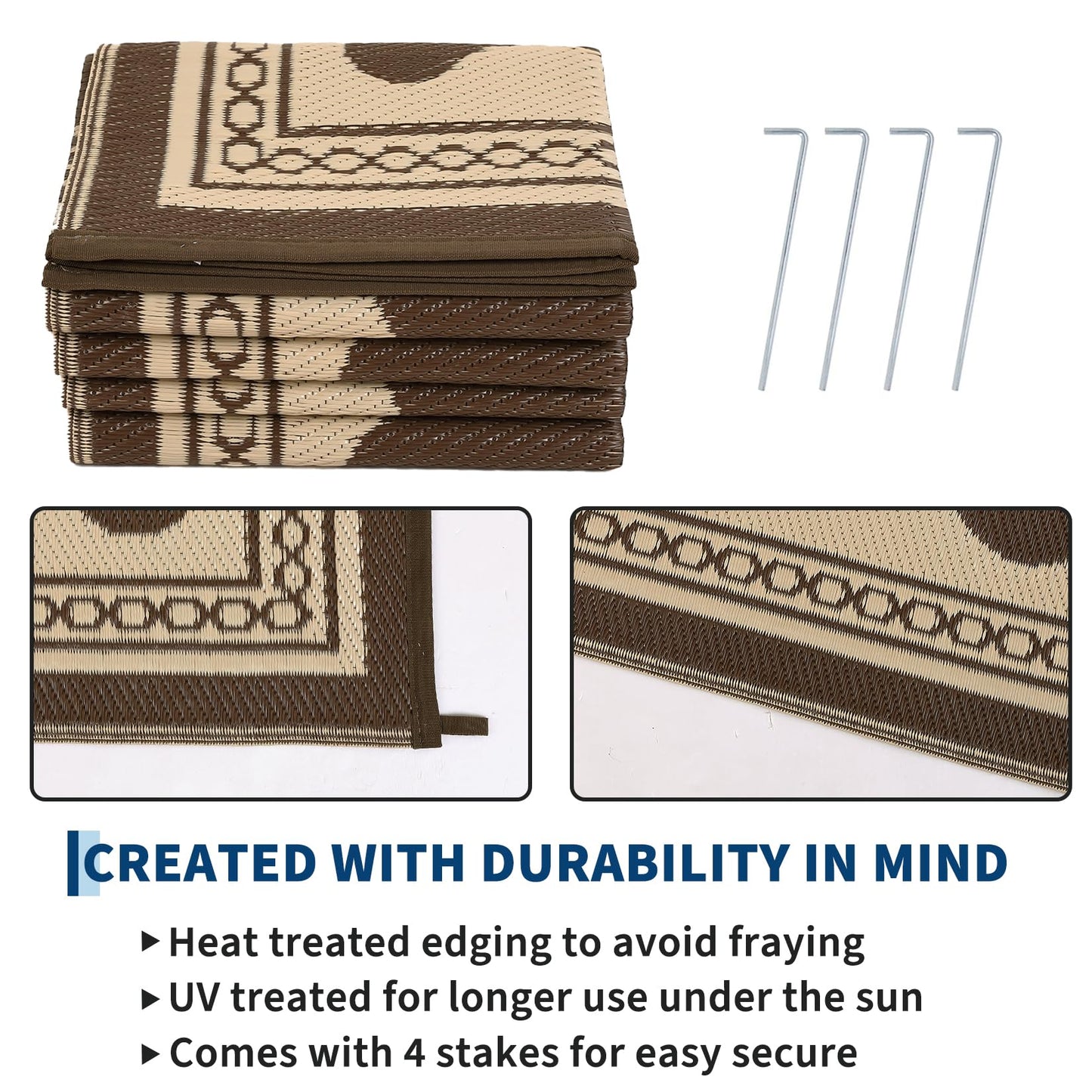 Garvee Outdoor Rug 5x8 Scalloped Waterproof Patio RV Outdoor Rugs Reversible Foldable Plastic Straw Rug Modern Camping Carpet for Deck Camper Porch Balcony Backyard Picnic Beach Brown