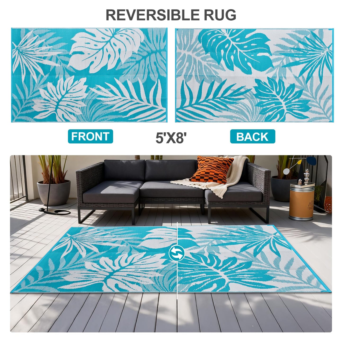 YONILE Outdoor Patio Rug, 5x8 ft Waterproof Reversible Large Area Rugs Plastic Straw Mats for RV, for RV, Picnic, Backyard, Deck, Balcony, Porch, Beach