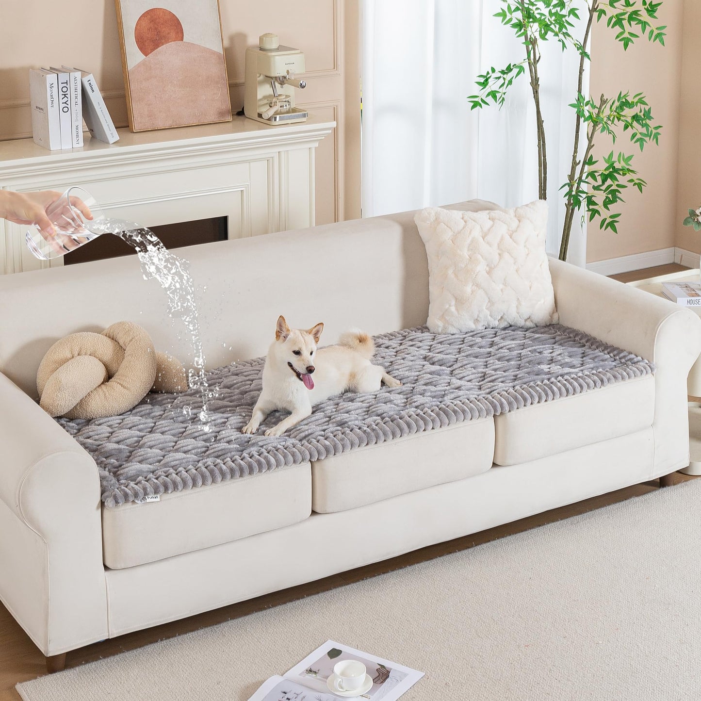 PuTian 100% Waterproof Fuzzy Couch Cover for Dogs Washable Non-Slip Couch Protector Pet Friendly Dog Mat for Couches and Sofas - 27.6''x59'' 70cmx150cm Light Grey