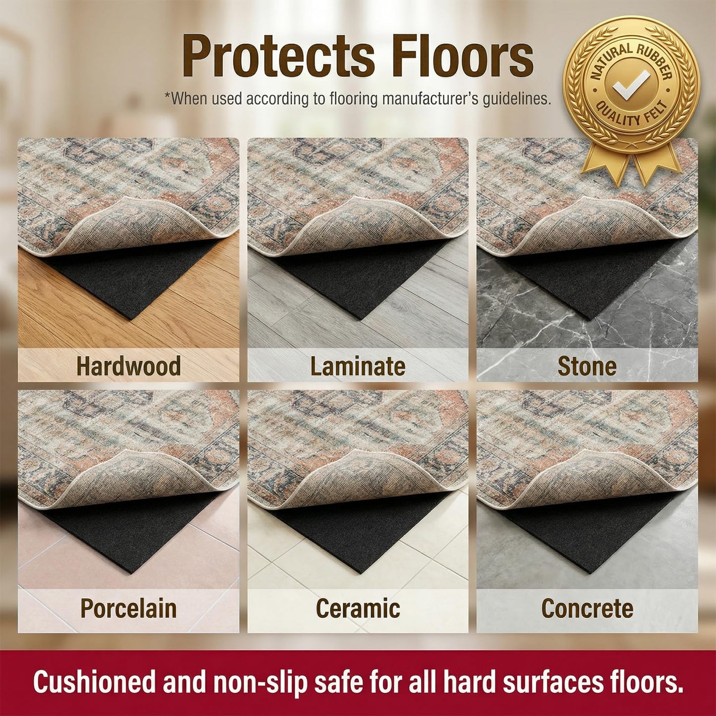 AHEONLAR Non-Slip Rug Pads, Waterproof Extra Large Area Rugs Pad 4'x6' Non Skid Felt Pads Rugs for Living Room, 1/4 inch Thick Carpet Padding Protector Mat Floor Mat