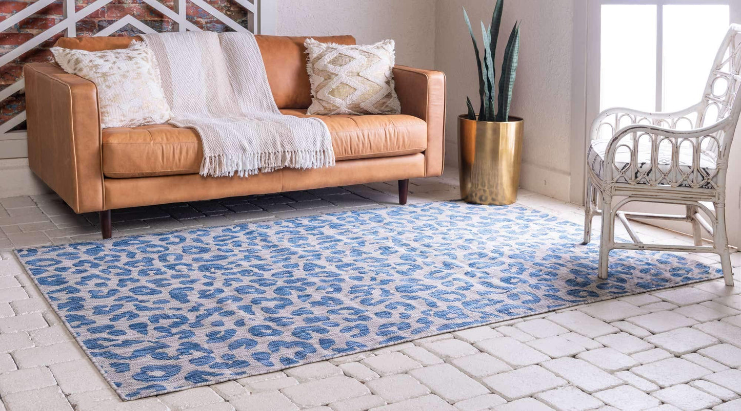 Unique Loom Outdoor Safari Collection Area Rug - Leopard (5' 1" x 8' Rectangle, Blue/ Gray)