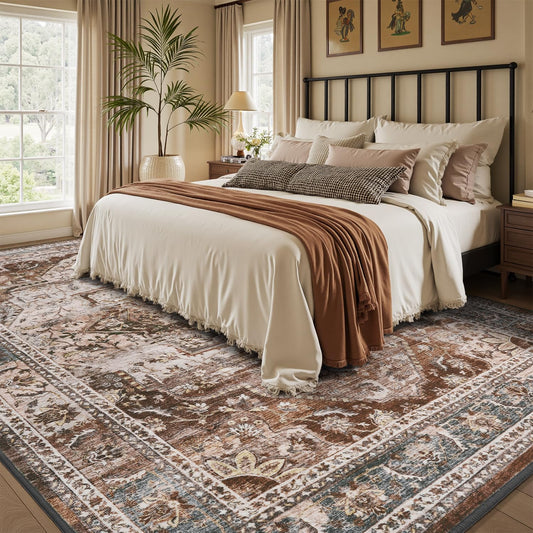 5x7 Area Rugs for Living Room Rug Brown Bedroom Rug Carpet Washable Neutral Vintage Dining Room Rugs for Under Table Soft Comfortable Non Slip