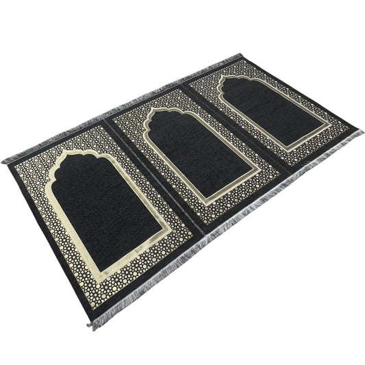 Modefa Turkish Islamic Prayer Mat - Wide Chenille Praying Mat - Multi Person Muslim Janamaz Sajada for Family - Large Gathering & Group Praying Carpet - Selcuk Star 3 Person (Black)