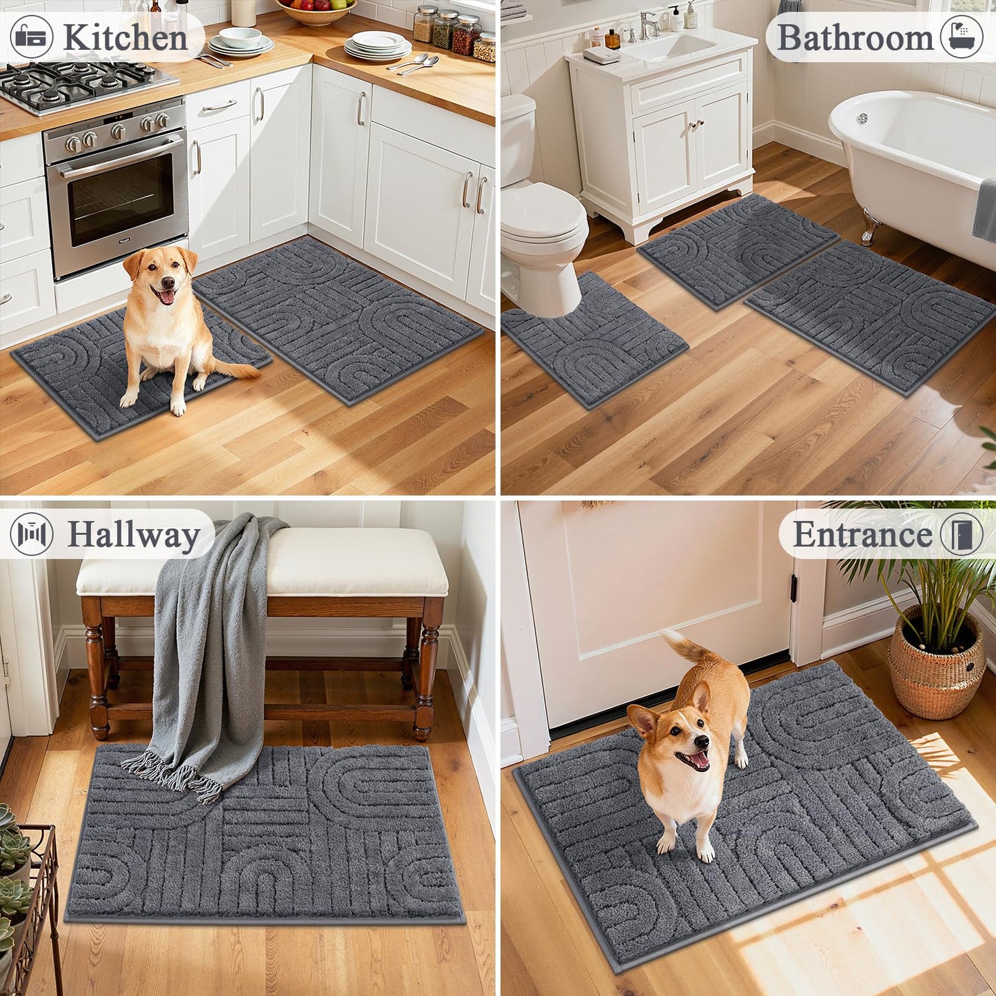 Vaukki Bathroom Rugs Sets 3 Piece, Grey Washable Non Slip Soft Bath Mats for Shower and Tub, Plush Absorbent Microfiber Toilet Rug U Shaped, 32x20+26x18+24x20 Inch