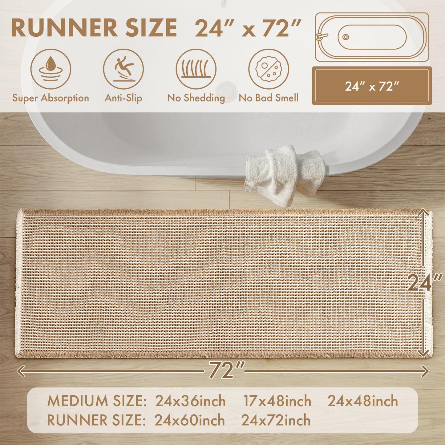 MIULEE Waffle Bathroom Runner Rugs, Super Absorbent Non Slip Bath Rug, Soft Quick Dry Washable Boho Large Beige Bath Mat with Tassels for Hallway Laundry Room Bedroom, 2'x6' (24"x72"), Brown & White