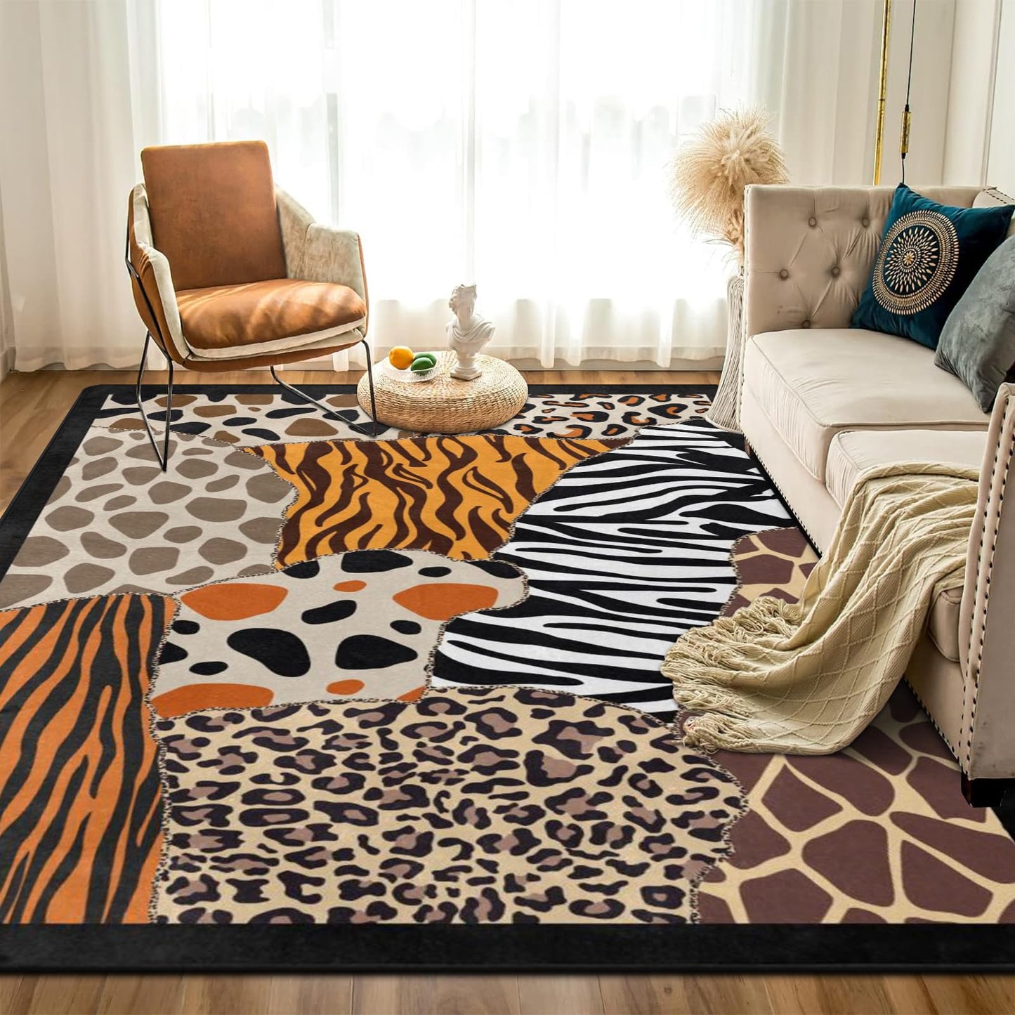 9CH Abstract Leopard Area Rug 7' X 5' Black Brown Animal Skin Print Floor Carpet Non-Slip Soft Modern Rugs for Girls Bedroom Office Dining Room Living Room