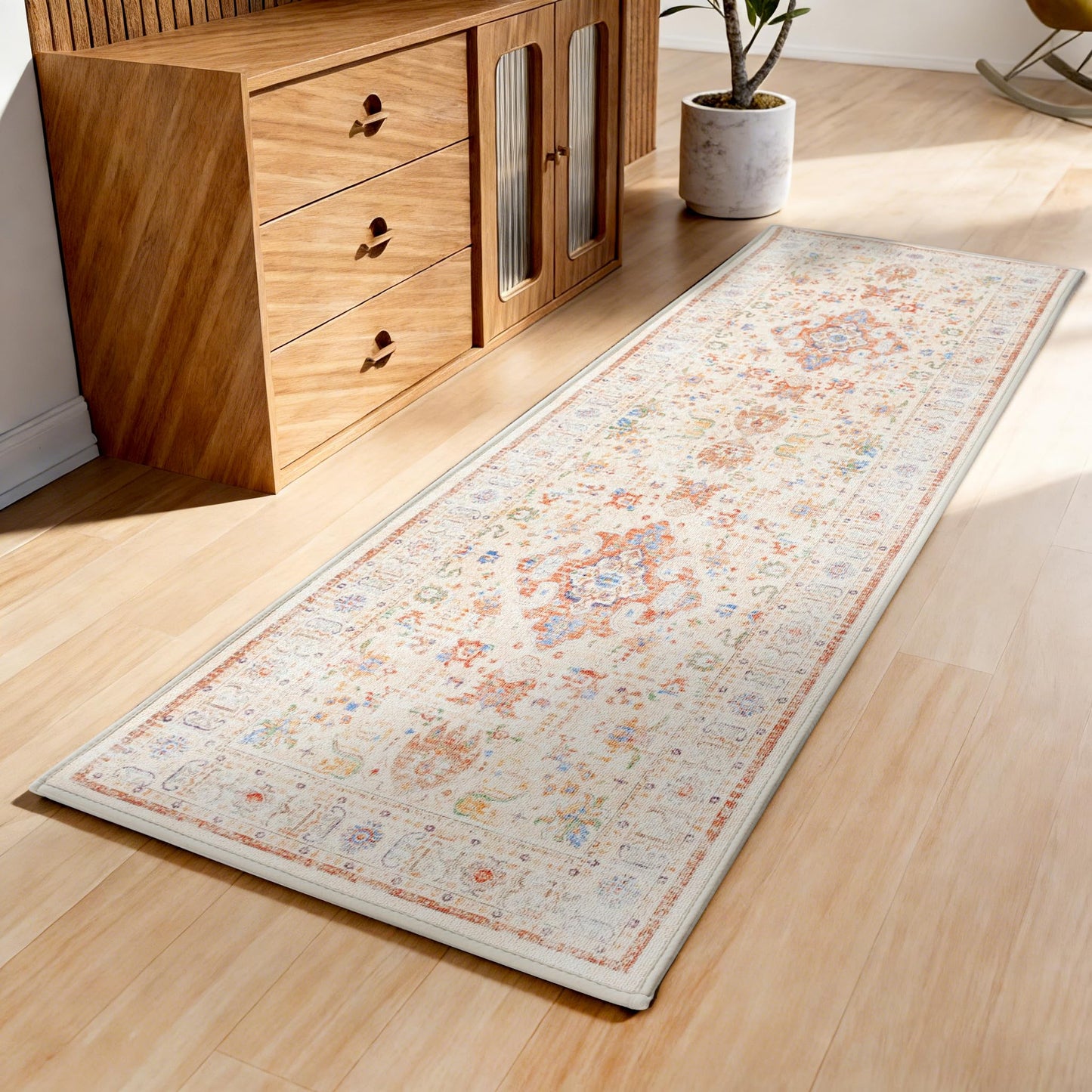 AREDO Runner Rug with Non Slip Rubber Backing, Washable Soft Floor Carpet for Kitchen, Hallway, Entryway Indoor, Bedroom, Laundry, Low Pile Area Rugs, Geometric Floral, Yellow Pattern, 2' * 6'
