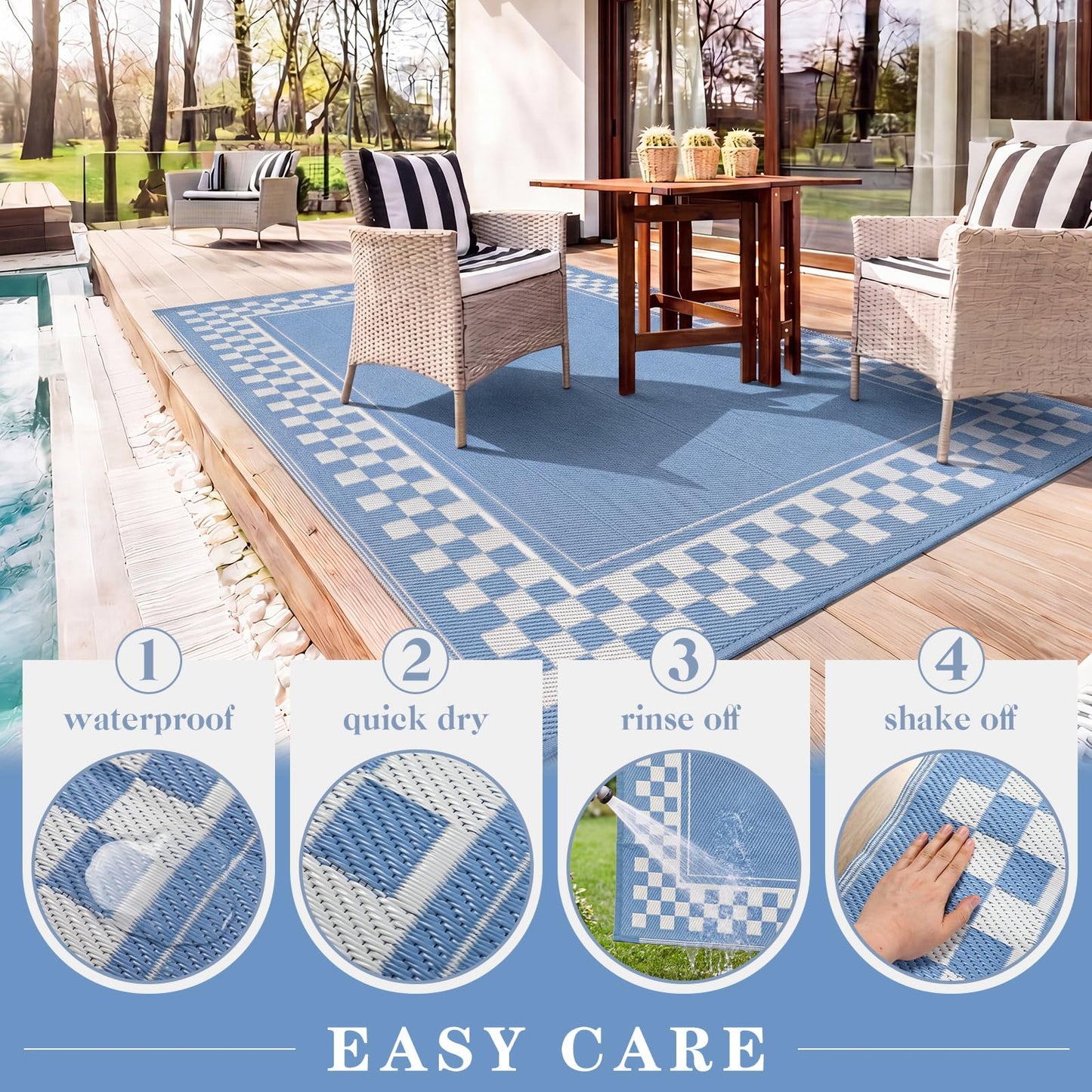 Dunzy Checkered Outdoor Patio Rug, 5 x 8 ft Non-Slip Plastic Straw Checkered Carpet Indoor Outdoor Area Mat for Outside Rv Camping Deck Pool Beach Porch Backyard(Light Blue, Cream White)