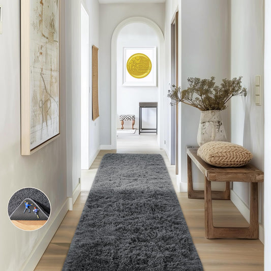 Ophanie 2x6 Washable Runner Rug for Hallway,Non-Slip Fluffy Soft Bedside Rugs, Bedroom Living Room Grey Shaggy Gray Carpet for Kids Girls Boys Dorm Nursery Home Decor Aesthetic