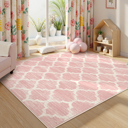 Lahome Nursery Rug 5x7 Area Rugs for Living Room,Washable Pink Rugs for Bedroom Girls,Soft Low-Pile Indoor Floor Boho Carpet for Kids Playroom Dorm Meline