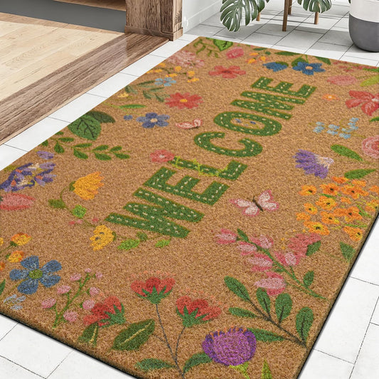 Likiyol Floral Coir Door Mat Outside Entrance, Colorful Flower Welcome Mat Front Door Mats Non Slip Spring Doormat Outdoor Indoor Entrance, Low Profile, 18" x 30"