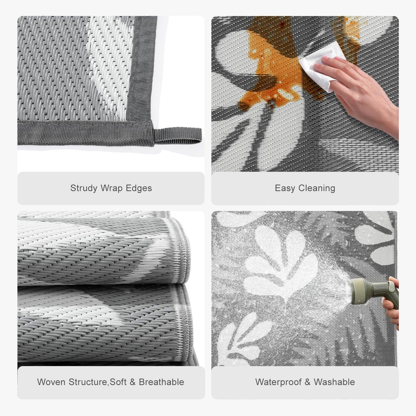 wikiwiki Outdoor Rug, 5x8ft Waterproof Reversible Mat Indoor Outdoor Rugs Carpet, Small Area Rug Plastic Straw Rug for Patio Deck Balcony Pool RV Camping Beach Picnic, Grey Leaves, Rugscape Series