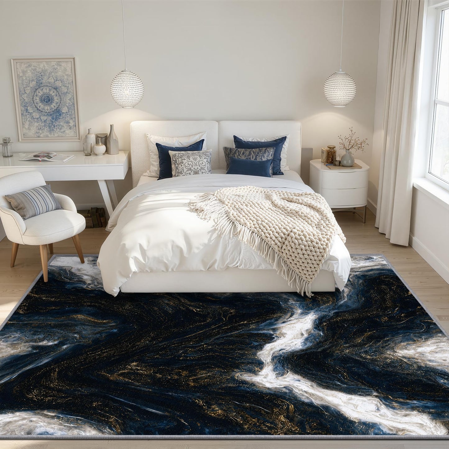 Aquailis Marble Rugs for Living Room - 2x3 Rug, Blue Gold Marble Swirl Area Rug, Abstract Modern Luxury Washable Non Slip Soft Rugs, Contemporary Carpet, Artistic Home Decor, Abstract Art Gifts