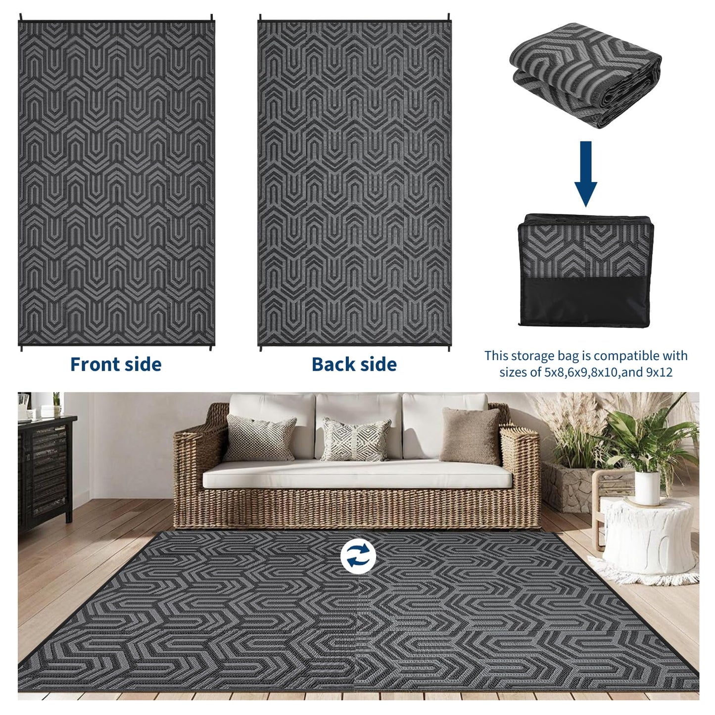 MilleLoom 9x12 Outdoor Rug Waterproof Foldable Plastic Straw Carpet for Patio Porch Abstarct Line Reversible Mat Lightweight Floor Mat for Picnic, Backyard, Rv, Beach, Deck, Camper, Balcony，Black/Grey