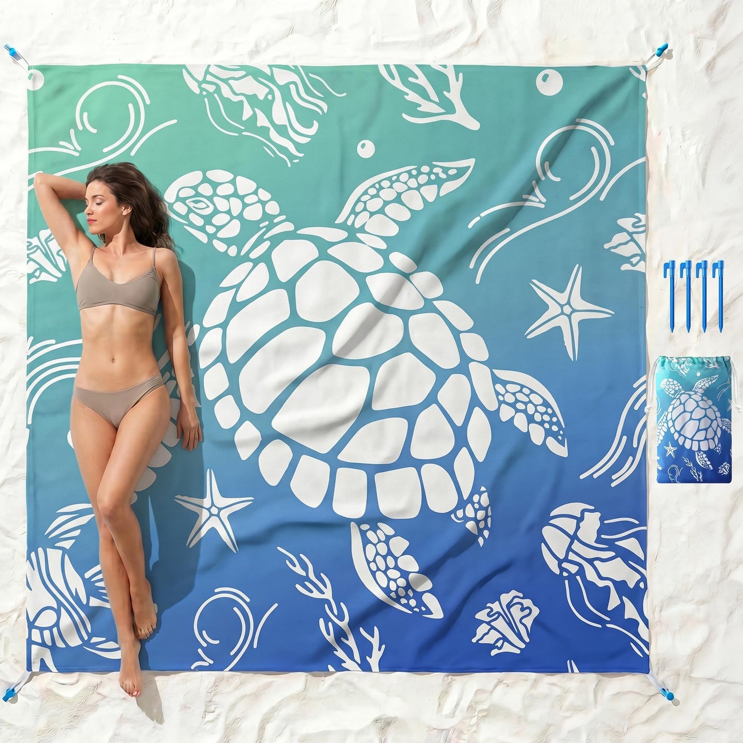 MelonBoat Beach Blanket: Blue Sea Turtle Beach Mat, 79''x83'' Large Sandproof Sand Free Waterproof Quick Dry, Lightweight Outdoor Rug for Trip Vacation Summer Travel Picnic Camping Pool Swim