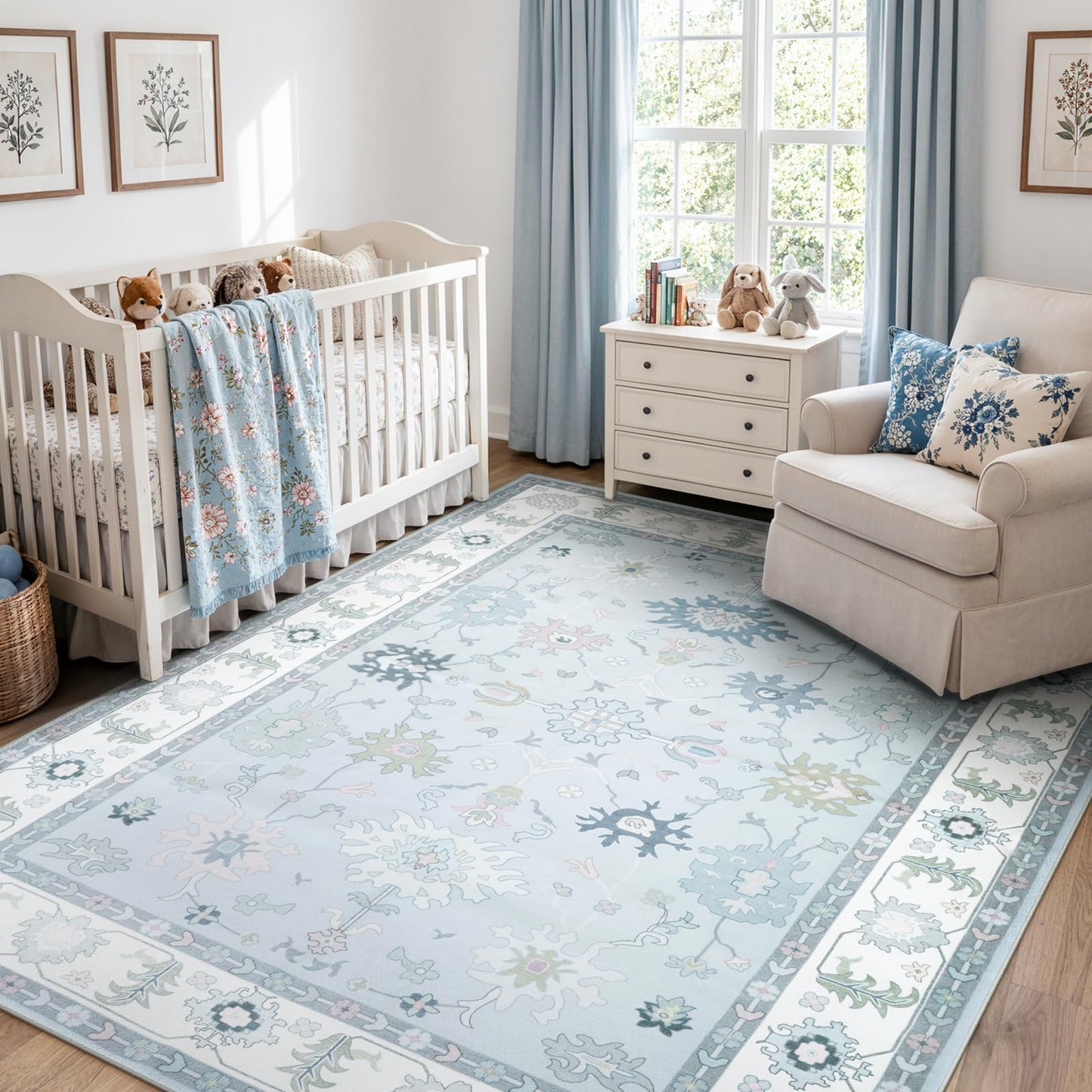 LIVEBOX Washable Grey 5x7 Rug, Soft Oushak Area Rugs for Living Room, Non Slip Boho Dining Room Rug Under Table, Turkish Floral Ultra Thin Floor Carpet for Bedroom Home Office, Grey