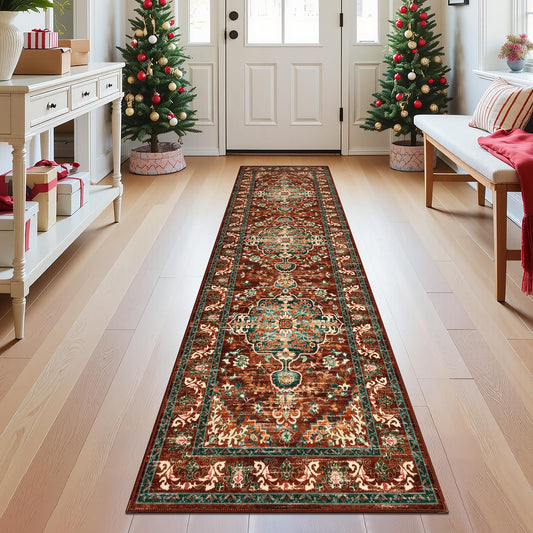 U'Artlines 2' x 8' Boho Hallway Runner Rug, Non Slip Washable Vintage Farmhouse Accent Area Rug Carpet for Kitchen Entryway Laundry and Living Room (Rust＆Teal)